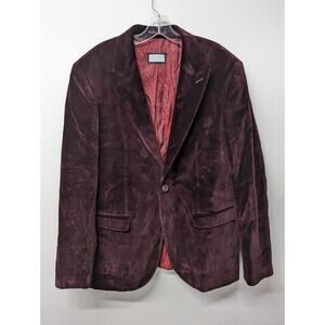 Ron Tomson Mens Blazer Italian Velvet Kennedy Peak Lapel Burgundy Jacket Size 46